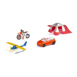 Siku Kalandkészlet toy set featuring airplane, motorcycle, convertible car, and tent - Siku