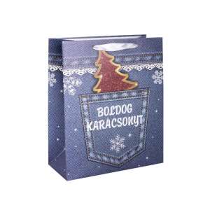 Pungă cadou de Crăciun cu design denim și un buzunar cu un brad de Crăciun și textul "Boldog Karácsonyt" (Crăciun Fericit în maghiară) - Nonbrand Pungi cadou