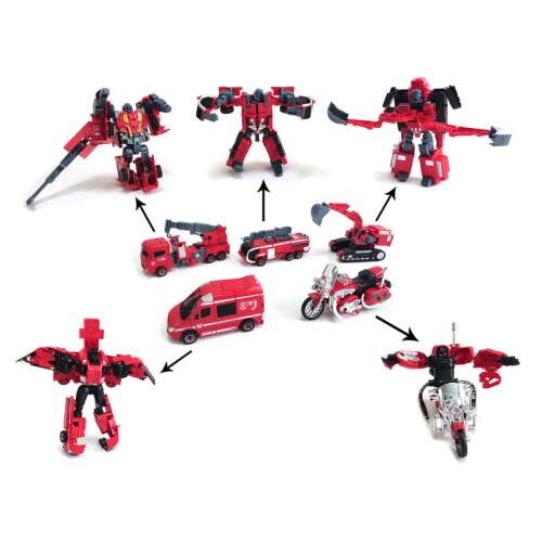 Set de jucărie Transformer Fire Engineering Engines Deform 5 Fit, include 5 vehicule transformabile și 1 robot, prezentând toate transformările diferite