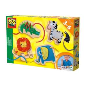 Joc de înșirare cu animale SES Creative, jucărie de înșirare din lemn pentru copii,  include elefant, crocodil, leu, zebră,  pentru copiii cu vârsta de 3-6 ani - Nonbrand Jocuri si jucarii creative