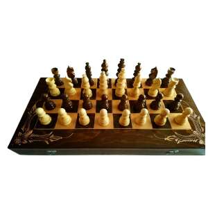 Set de șah din lemn cu cutie sculptată cu flori, 32 piese de șah, 30 jetoane de backgammon și 2 zaruri - Domino, șah