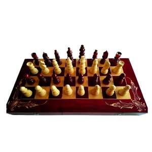 Set de șah din lemn cu design floral sculptat pe cutie, 32 piese, tablă de 65x65 cm, piese de backgammon, zaruri - Domino, șah