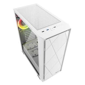 Sharkoon VS8 RGB Edzett Glass Fehér computer case, white, tempered glass side panel, angled view - Sharkoon Computer Case