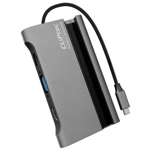 CLiPTec RZH740 Type-C 7 az 1-ben hordozható mini dokkoló, ezüst, ferde nézet - USB elosztó