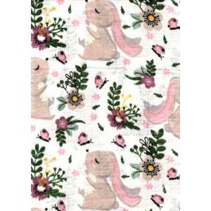 Nyuszi mintás muszlin pelenka, 1 db, rózsaszín és zöld virágmintás - Textil pelenka