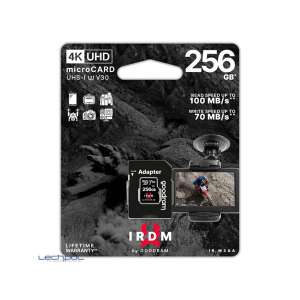 Goodram IRDM 256GB microSDXC UHS-I Class 10 memory card packaging, showing the card, adapter, and usage examples - Photography, Video & Optic