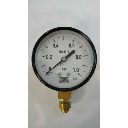 Manometru de 63mm cu interval de 0-1,6 bar, conexiune inferioară G1/4", standard EN 837-1, clasa de precizie 1.6
