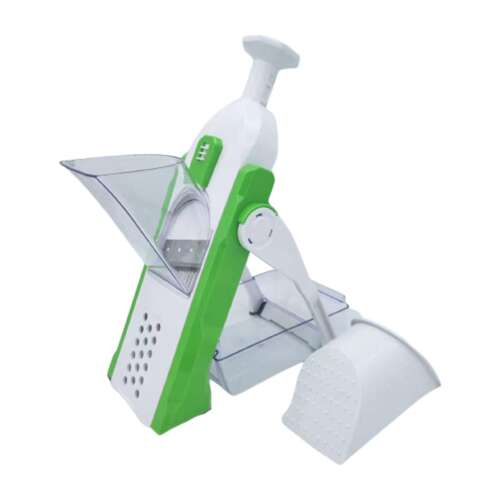 Green and white manual vegetable slicer, mandoline style, 4 functions, foldable, easy to use, safe, fast, efficient, kitchen tool