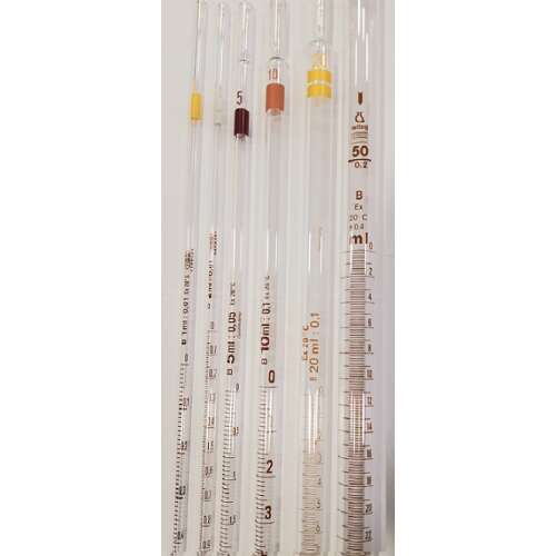Zestaw 5 szklanych pipet miarowych, 10ml, 5ml, 3ml, 20ml, 50ml
