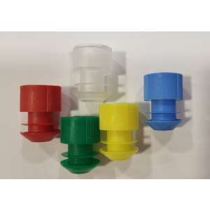 Sortiment von 5 Kunststoff-Reagenzglasstopfen, 15-17 mm Durchmesser, in rot, grün, gelb, blau und klar - Barzubehör