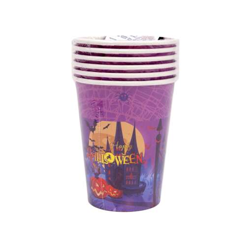 6 pahare de hârtie pentru Halloween de 250 ml, cu un design purpuriu și portocaliu, cu o casă bântuită și dovleci