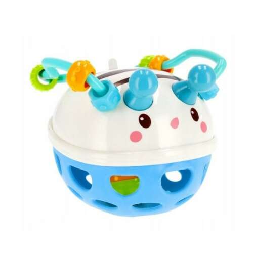 BamBam Baba Csörgő, kék és fehér csörgő játék babáknak, színes gyöngyökkel és fogantyúval