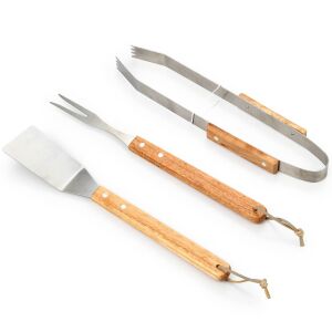 3 részes grill eszköz készlet rozsdamentes acélból és fa nyéllel: spatula, villa és fogó - Patio