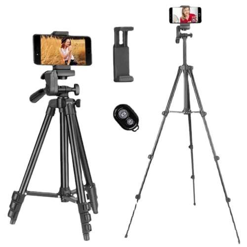 Kit Vlogging pentru Filmari Video Youtube, TikTok, compatibil cu Aparat Foto, Smartphone, cu Trepied Aluminiu Ajustabil pe Inaltime H40-140 cm, Microfon, Lampa LED, Suport Reglabil Telefon, T