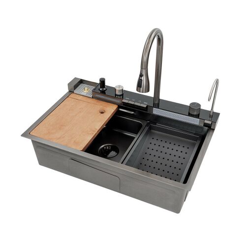 Catania multifunkciós rozsdamentes acél mosogató digitális csapteleppel, vágódeszkával, csepegtetővel és medencével