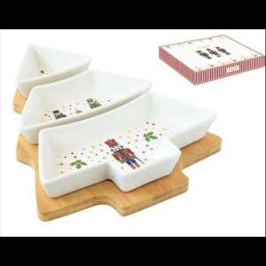 Easy Life Nutcrackers Fenyőfa Tálaló Szett, 3 Porcelán Tál Bambusz Tálcán - Tálalás