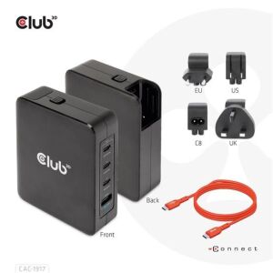 Club3D 140W USB-C Hálózati adapter elöl- és hátulnézet a mellékelt csatlakozókkal és kábellel - Club3D