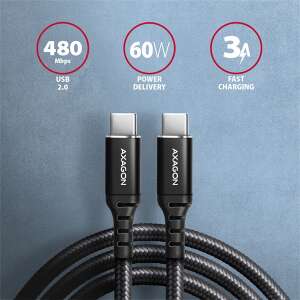 Kabel Axagon BUCM2-CM20AB 2m USB-C do USB-C, czarny, 480 Mbps transfer danych, 60W Power Delivery, 3A szybkie ładowanie - Kabel danych
