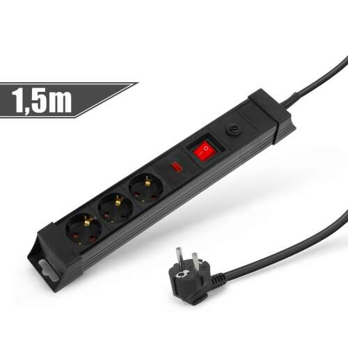 Priză multiplă 3 căi cu protecție la supratensiune, cablu 1,5m, negru