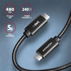 Kabel Axagon BUCM2-CM10AB 1m USB-C do USB-C, czarny, 240W Power Delivery 3.1, 5A szybkie ładowanie - Kabel USB