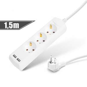 White 3-way power strip with 2 USB ports, 1.5m cable - Delight Power Strip