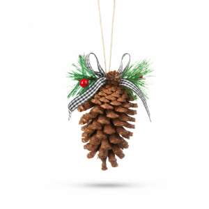 Christmas pine cone ornament with black and white checkered ribbon, red berry and green pine needles - Christmas