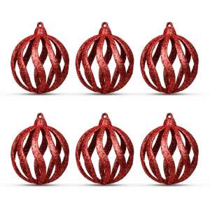 Set de 6 ornamente de Crăciun roșii cu sclipici, diametru 7 cm, goale, cu design spiralat - Nonbrand Decorațiuni pentru pomul de Crăciun