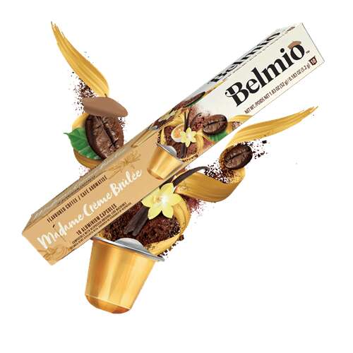 Belmio Madame Créme Brulée Nespresso kompatibilis kávékapszula doboz kávébabokkal és virág dekorációval