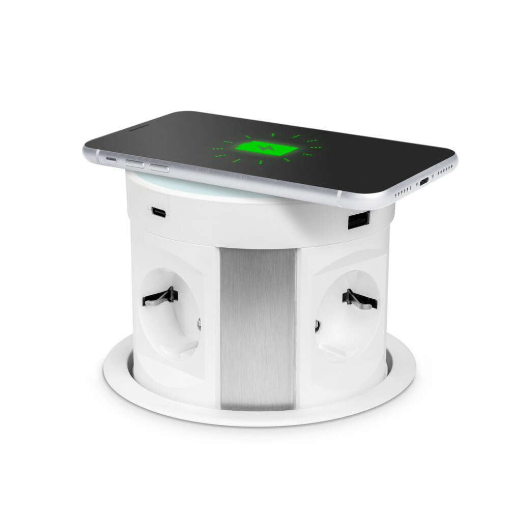 Skrytá predlžovačka - so 4 zásuvkami + bezdrôtové nabíjanie + 2xUSB + 2xType-C - biela