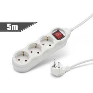 White 3-way power strip with switch, 5 meters long - Delight Power Strip