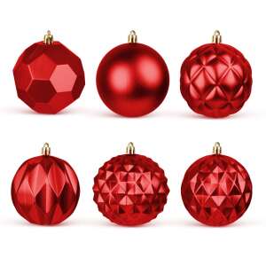 Set of 6 red Christmas tree ornaments, including a round, a geometric, and a diamond-shaped ornament - Christmas