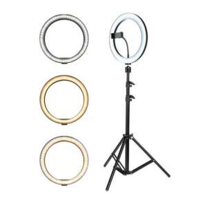 Gyűrűs fény állvánnyal, 3 szín hőmérséklet, 224 SMD LED, 10 fényerő szint, 7 színárnyalat, 210 cm állvány, fotózáshoz, videózáshoz, sminkeléshez - LED körfény & körlámpa