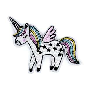 Unicorn iron-on patch, 5.5 x 7 cm, embroidered, white unicorn with rainbow mane and tail, pink wings, black stars - Crisalida Patch