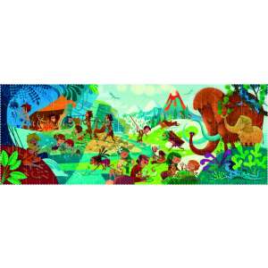 Londji Puzzle Go to the Prehistory 100 elementów, przedstawiające kolorową ilustrację prehistorycznych ludzi i zwierząt w scenerii krajobrazowej - Puzzle