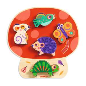 Djeco Barátságos Állatok Puzzle, 5 darabos fa puzzle kisgyermekeknek, gomba alakú alap, színes állatok, fejlesztő játék - Puzzle & Kirakó