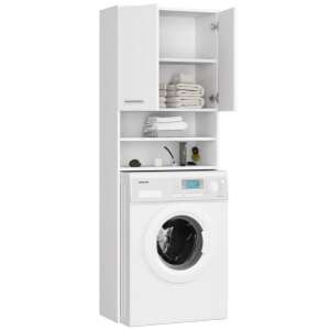 White bathroom cabinet with two doors and four shelves, open doors showing the interior space, perfect for storing towels, toiletries, and cleaning supplies, fits over a washing machine - Furniture