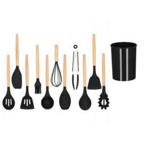 Set ustensile bucatarie, silicon si bambus, negru, 12 piese, Springos 76558799 Seturi de ustensile de bucătărie