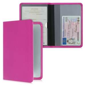 Kwmobile pink eco-leather car document holder, showing both sides, open and closed - Dressing Accessory