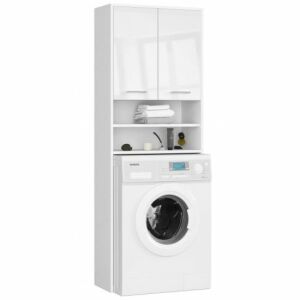Artool Bathroom Cabinet for Washing Machine, Laminated Board, 4 Shelves, 2 Doors, 64x30x180 cm, Glossy White