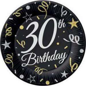 Black and gold 30th birthday disposable plates, 8 pack, 18cm - Disposable Plate