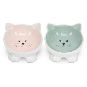 Zestaw misek ceramicznych dla kota Navaris, 2 miski, różowa i niebieska, wzór z kocim pyszczkiem, antypoślizgowe nóżki - Zwierzęta gospodarskie