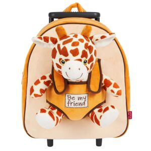 Perletti Be My Friend Giraffe Rolling Backpack - front view with detachable plush toy - Perletti