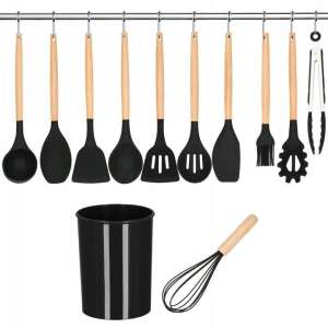 Springos 12 piece kitchen utensil set with silicone heads and wooden handles, black, in a black holder - Kitchen Tool Set