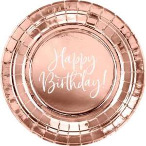 Rose gold disposable paper plates with Happy Birthday text, 18 cm, 6 pack - Disposable Plate