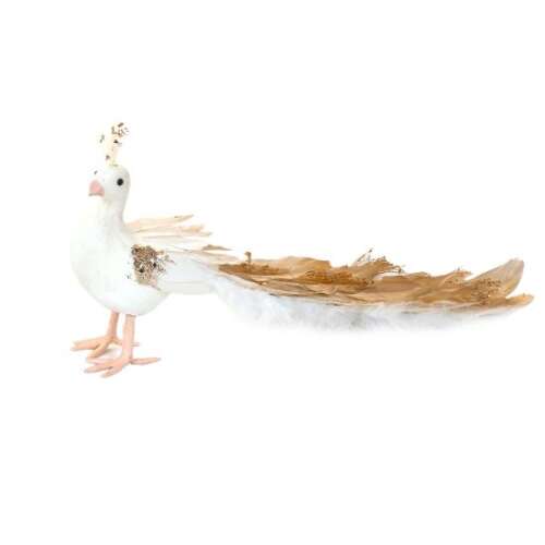 Decoratiune de Crăciun în formă de păun alb cu pene aurii, 34x12x15 cm