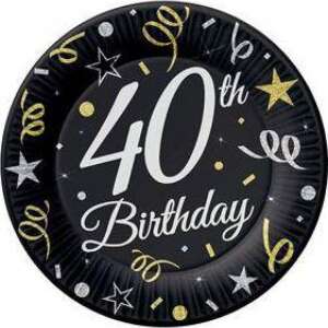 Black and gold 40th birthday party plates, 8 pack, 18cm - Disposable Plate