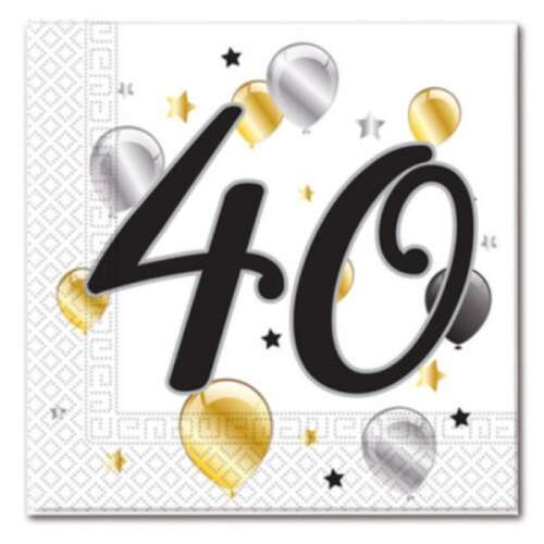 40-es születésnapi szalvéta - 20 darabos - fehér / arany-ezüst lufikkal