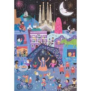 Londji Barcelona Night Puzzle, 36 pieces, shows the night scene of Barcelona with fireworks, Sagrada Familia, and people celebrating - Puzzle