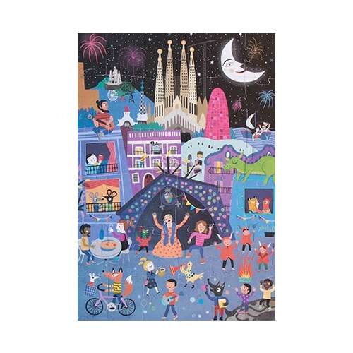 Londji Barcelona Puzzle de noapte, 36 de piese, arată scena de noapte din Barcelona cu focuri de artificii, Sagrada Familia și oameni care sărbătoresc