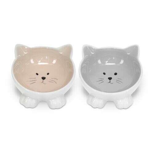 Navaris ceramic cat bowl set, 2 pack, cat face design, non-slip, pink and grey